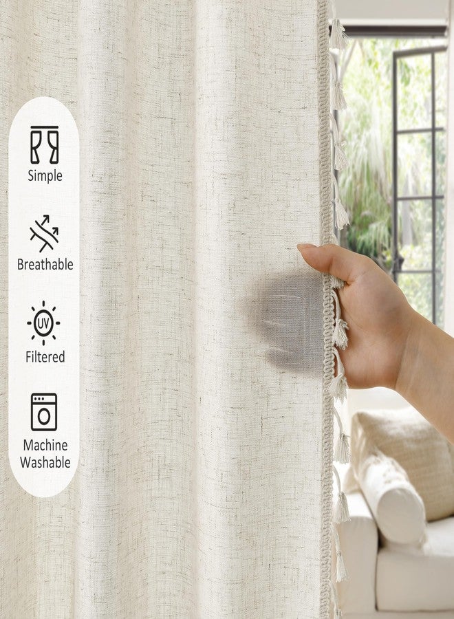 SMABU Boho Linen Curtains 84 Inches Long 2 Panels for Living Room Bedroom Natural Cream Bohemian Farmhouse Tassels Curtains Beige Semi Sheer Flax Light Filtering Chic Rustic Back Tab Curtain Drapes 52x84 - Image 2